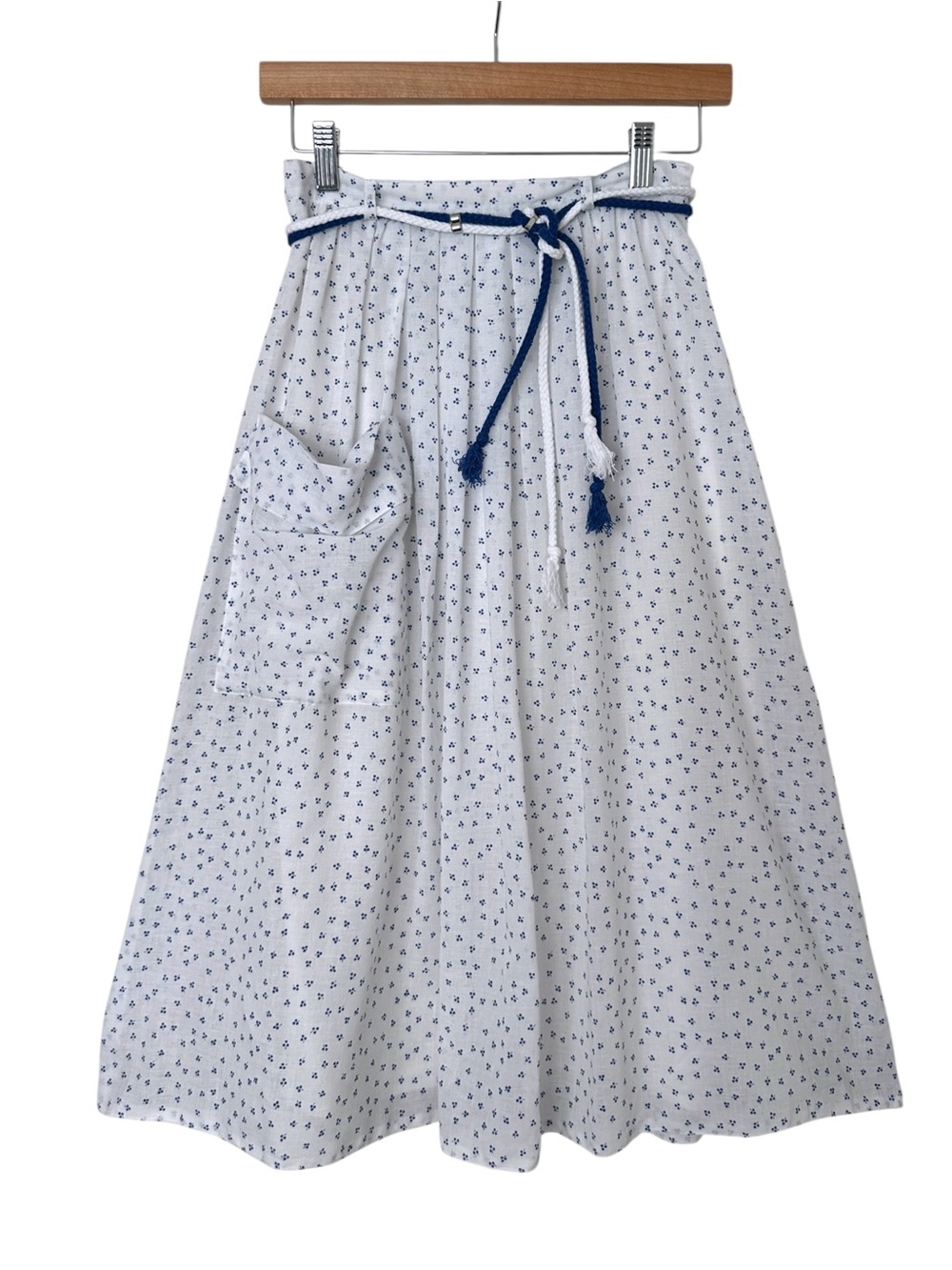 Vintage 70s Blue White Floral Midi Skirt Rope Belt Pocket Size XS Grandmacore